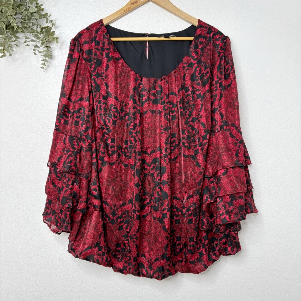 Roz & Ali Women's 3X Red Black Floral Metallic Ruffle Sleeve Blouse Top